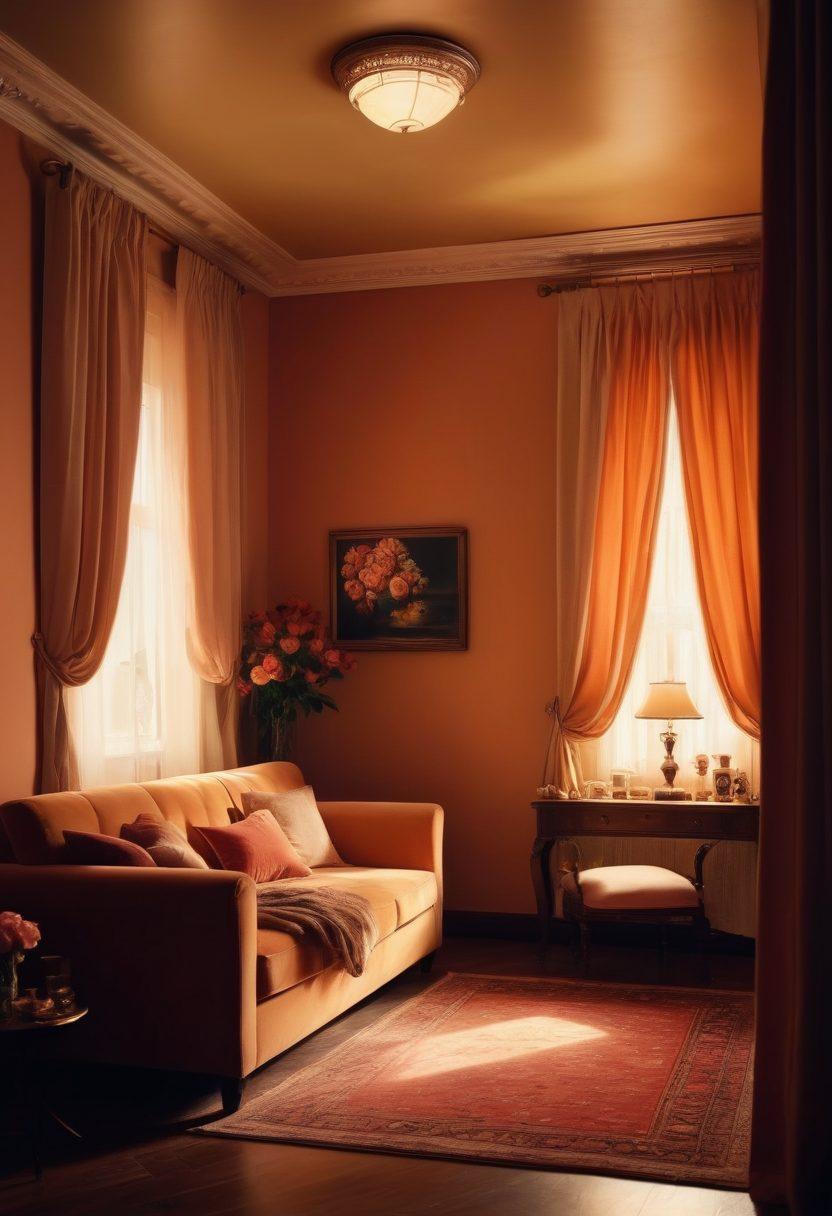 A captivating scene that features a dimly lit intimate room with an elegant couch, soft curtains, and ambient lighting casting gentle shadows. Add a vintage film projector displaying romantic images on a wall, surrounded by artistic paintings of couples embracing. Include subtle hints of sensuality through the presence of roses and candles. Artistic and alluring atmosphere, evoking a sense of mystery and passion. super-realistic. warm colors. soft focus.