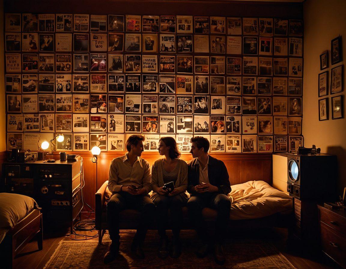 A cozy, dimly lit room with a couple sharing an intimate moment, surrounded by film reels and vintage projectors casting warm golden light. The walls adorned with iconic romantic film posters, creating a blend of nostalgia and allure. Soft shadows and rich textures evoke a sense of passion and connection. Include hints of modern technology like a smartphone capturing the moment. romantic, soft lighting, artistic style.