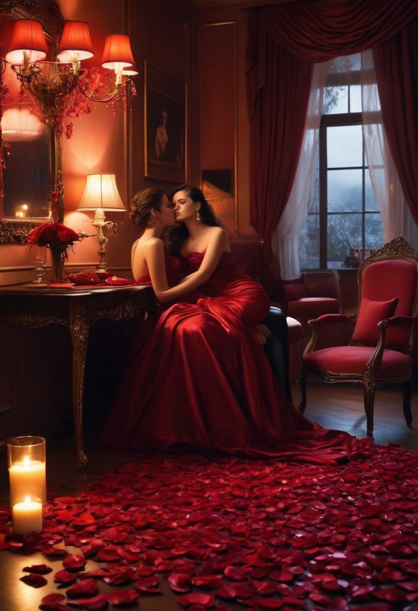 A sultry, dimly lit room adorned with plush fabrics and soft lighting, featuring an enticing silhouette of a couple embracing passionately. Surrounding them are romantic details like scattered rose petals, flickering candles, and a glass of red wine. The ambiance should evoke warmth and intimacy, inviting the viewer into a world of allure and desire. Digital painting. vibrant colors. moody lighting.
